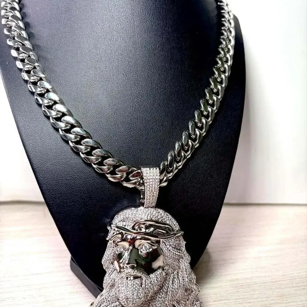Silver Iced Out Jesus Pendant With Cuban Link 20inch